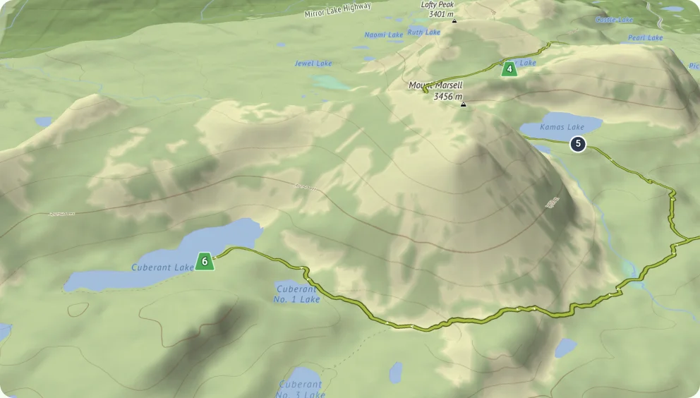 Ridgefold's free 3D terrain view with a route draped over tilted mountain ridges