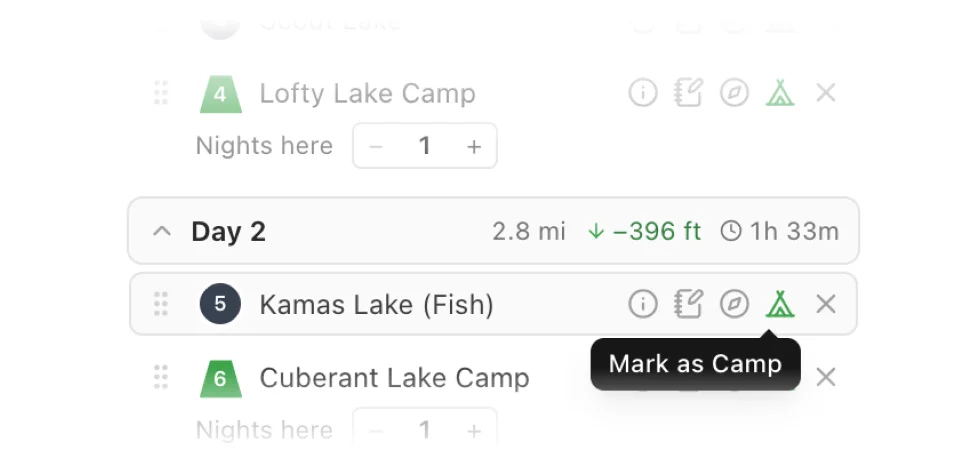 Ridgefold's sidebar showing a trip split into days at each camp, with per-day miles, elevation, and hiking time