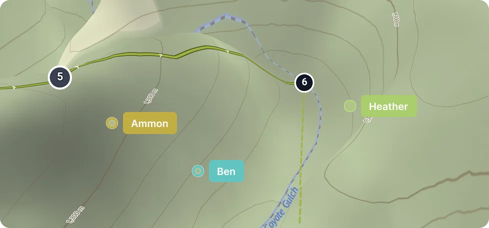 Ridgefold's collaborative planning view with multiple editors' live cursors on the same route map