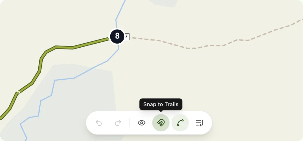 Ridgefold map with a route snapped to a real trail between numbered waypoints