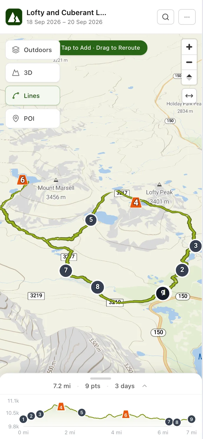 The Ridgefold planner on mobile showing a backpacking route on a terrain map with numbered waypoints and an elevation profile