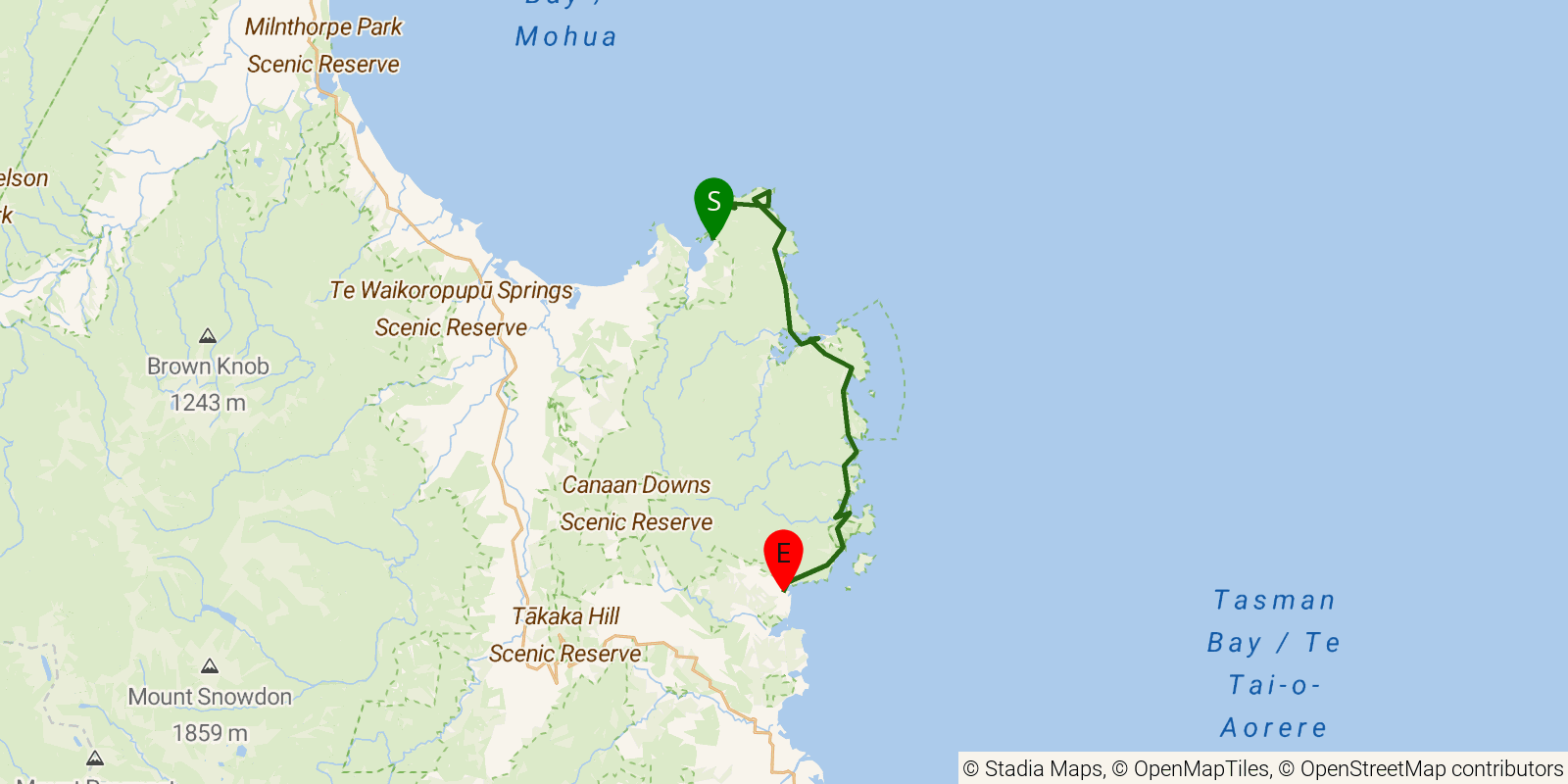 Route map of the Abel Tasman Coast Track on OpenStreetMap terrain