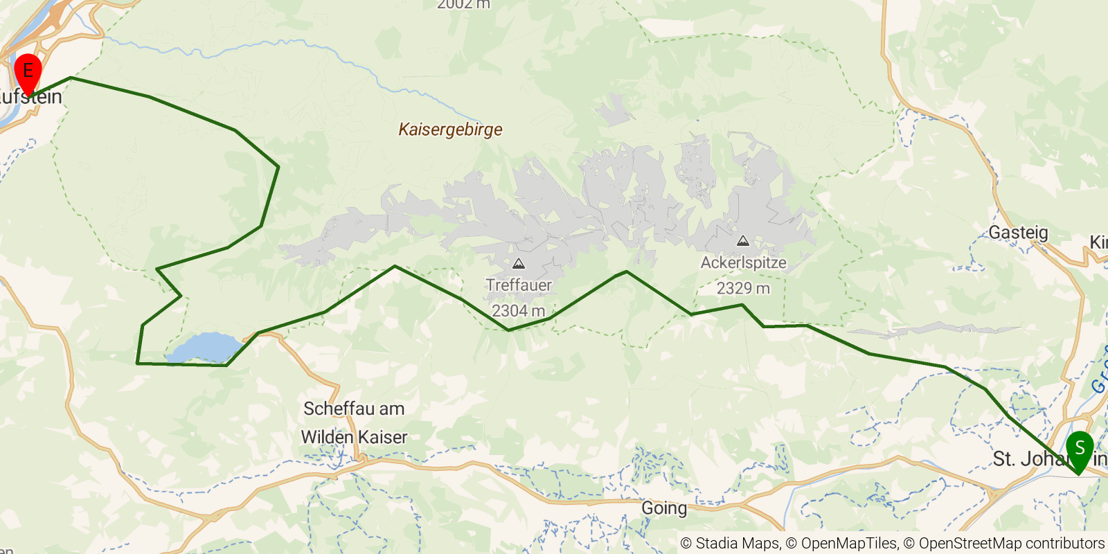 Route map of the Adlerweg — Stages 1–3: St. Johann in Tirol to Kufstein on OpenStreetMap terrain