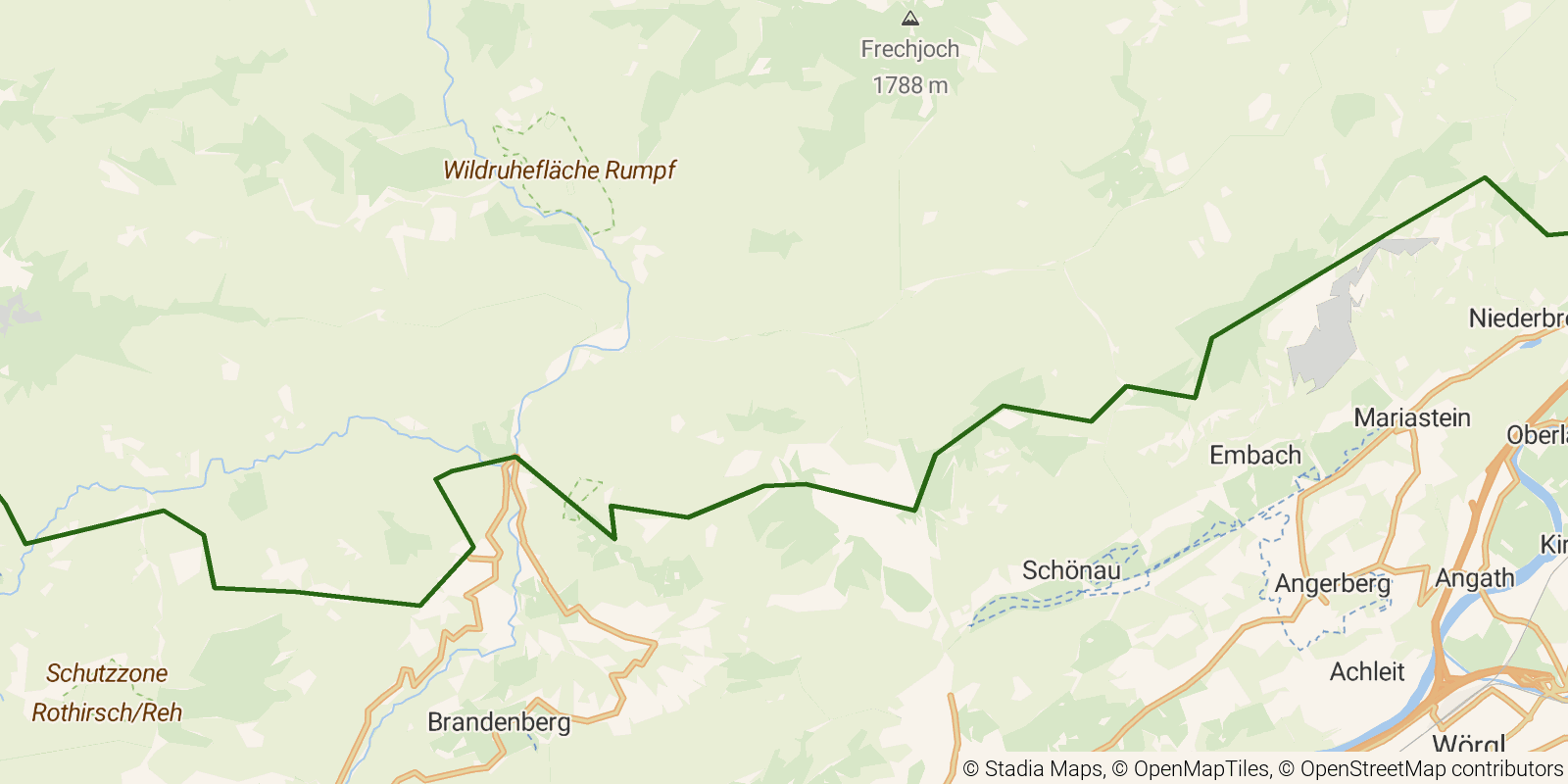 Route map of the Adlerweg — Stages 4–6: Kufstein to Steinberg am Rofan on OpenStreetMap terrain