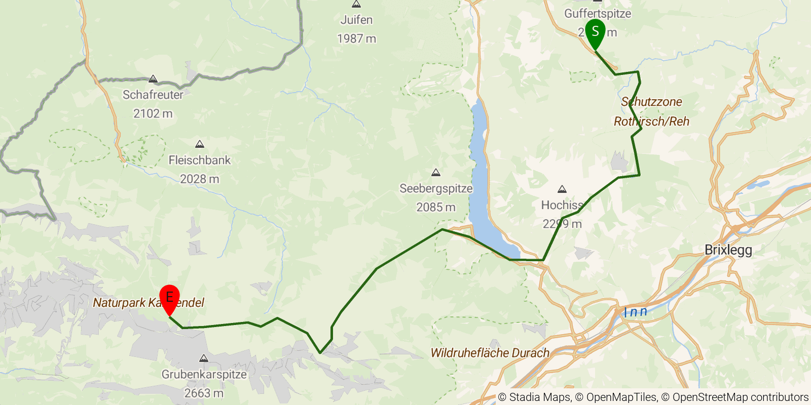 Route map of the Adlerweg — Stages 7–9: Steinberg am Rofan to Falkenhütte on OpenStreetMap terrain