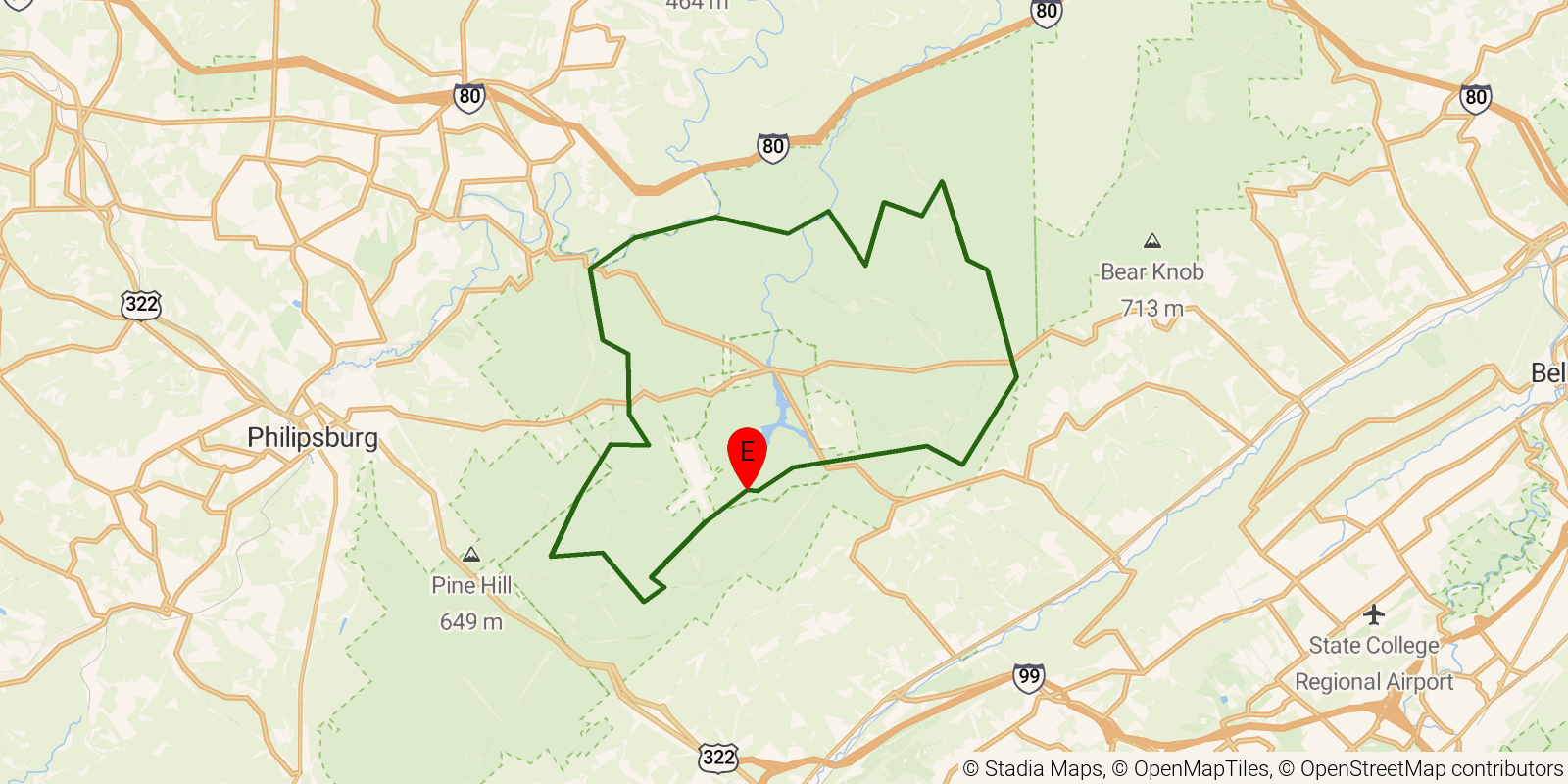 Route map of the Allegheny Front Trail on OpenStreetMap terrain