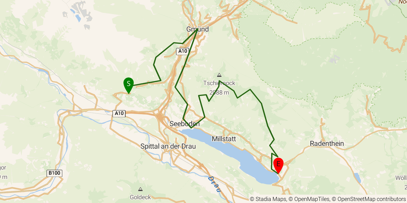 Route map of the Alpe-Adria-Trail — Stages 10–13: Hühnersberg to Döbriach on OpenStreetMap terrain