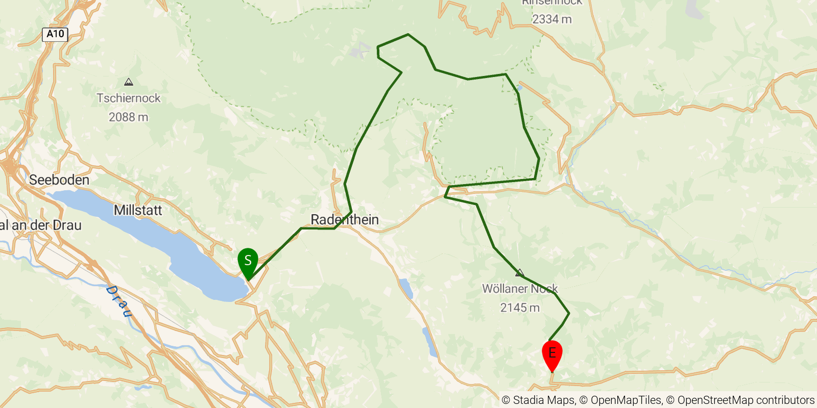 Route map of the Alpe-Adria-Trail — Stages 14–17: Döbriach to Arriach on OpenStreetMap terrain