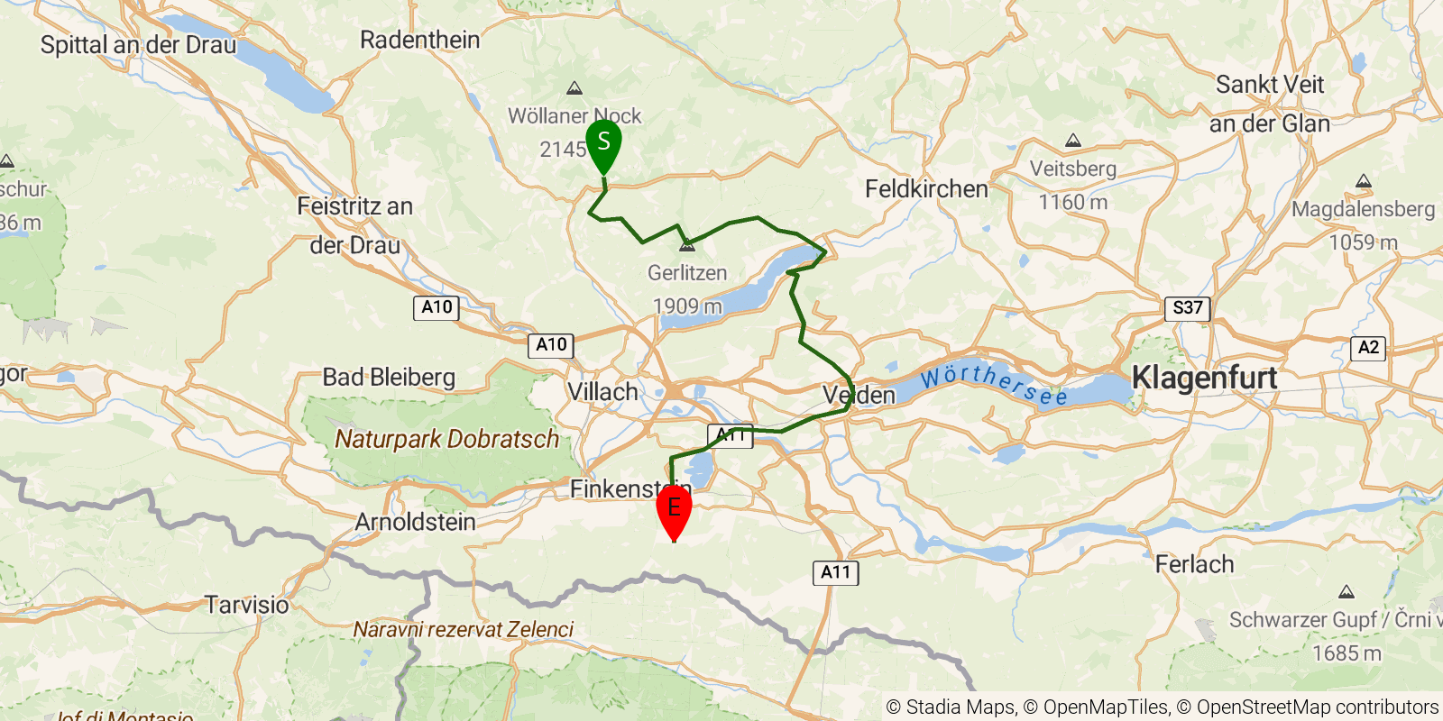 Route map of the Alpe-Adria-Trail — Stages 18–21: Arriach to Faaker See / Baumgartnerhöhe on OpenStreetMap terrain