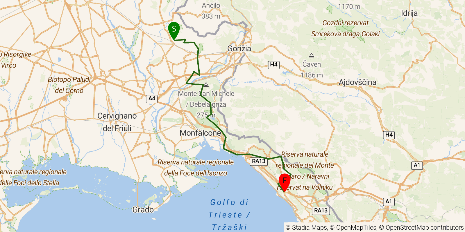 Route map of the Alpe-Adria-Trail — Stages 32–34: Cormons to Prosecco on OpenStreetMap terrain
