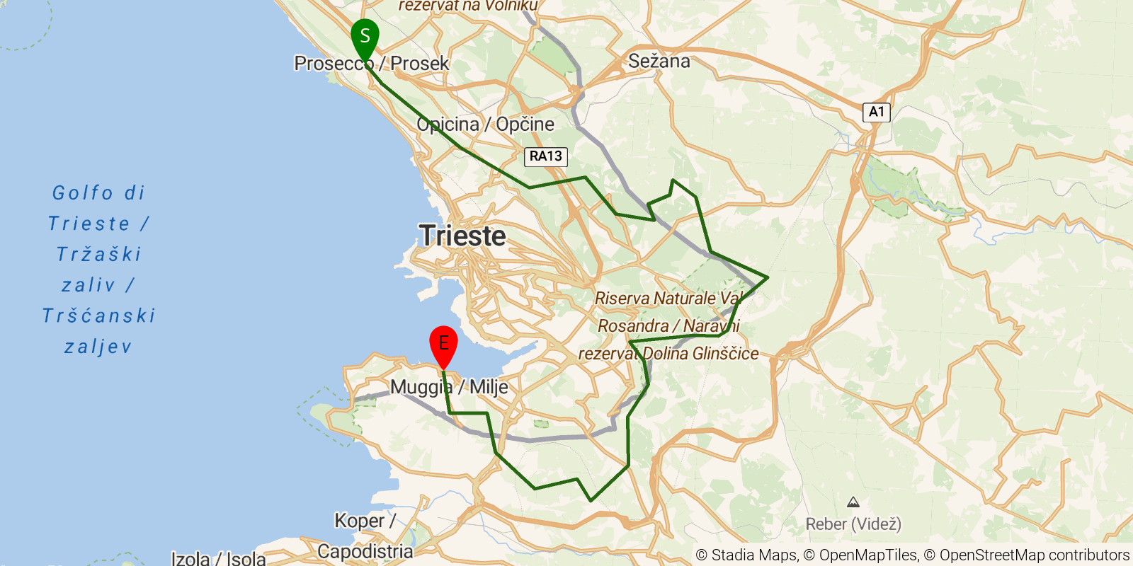 Route map of the Alpe-Adria-Trail — Stages 35–37: Prosecco to Muggia on OpenStreetMap terrain