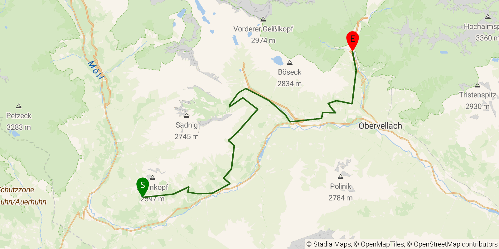 Route map of the Alpe-Adria-Trail — Stages 4–6: Marterle to Mallnitz on OpenStreetMap terrain
