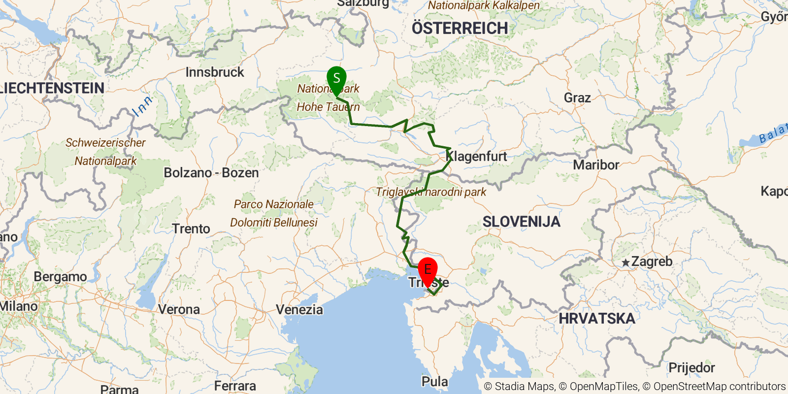 Route map of the Alpe-Adria-Trail on OpenStreetMap terrain