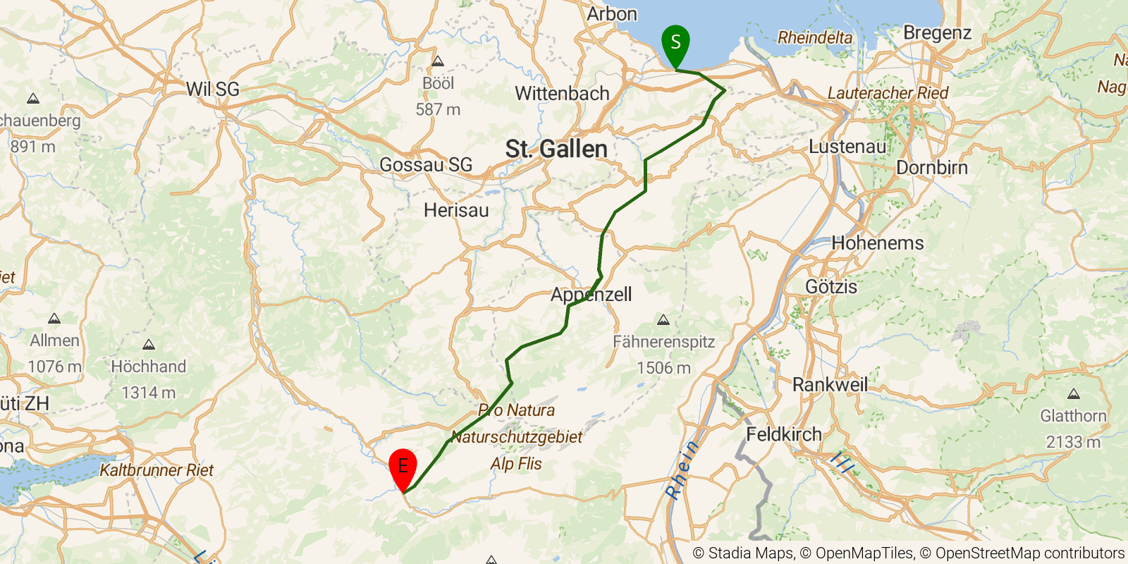 Route map of the Alpine Panorama Trail — Stages 1–4: Rorschach to Stein SG on OpenStreetMap terrain