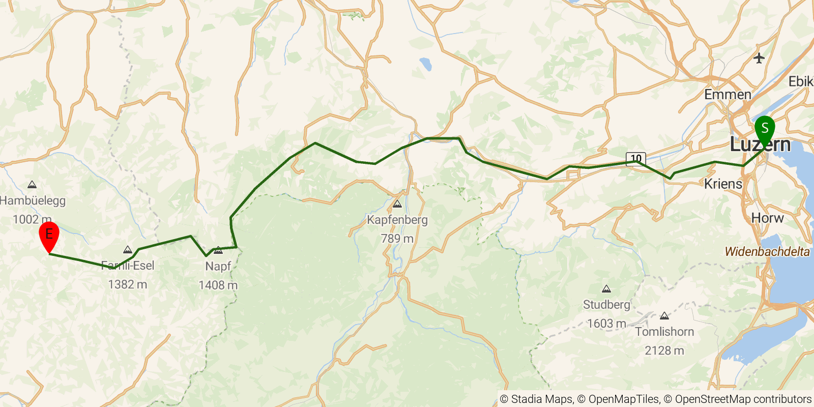 Route map of the Alpine Panorama Trail — Stages 11–14: Luzern to Lüderenalp on OpenStreetMap terrain