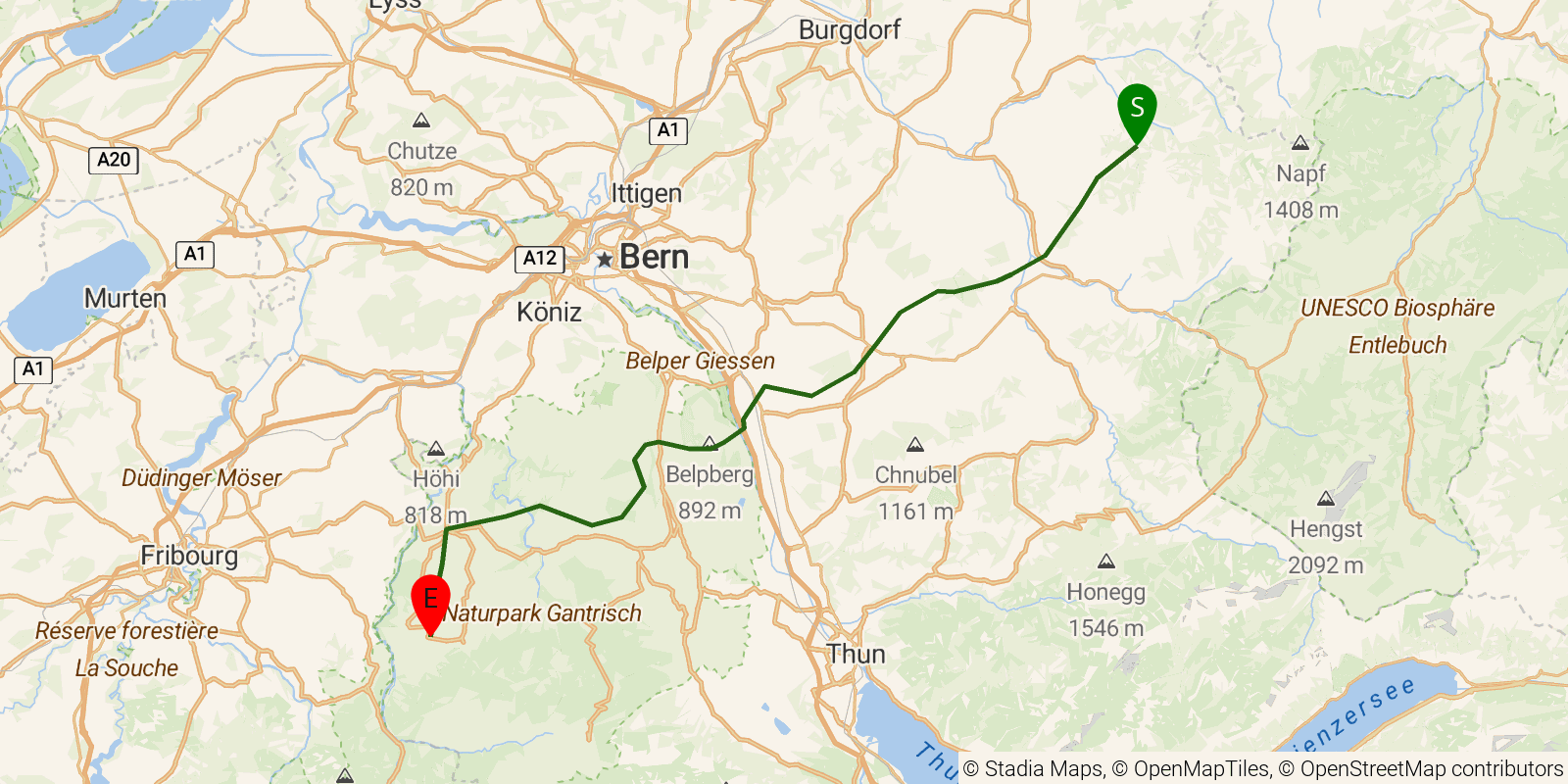 Route map of the Alpine Panorama Trail — Stages 15–18: Lüderenalp to Guggisberg on OpenStreetMap terrain