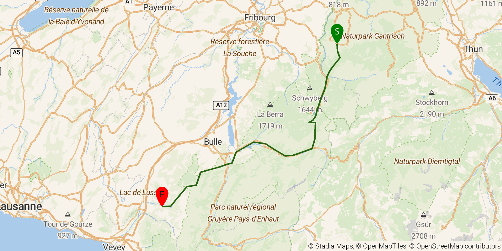 Route map of the Alpine Panorama Trail — Stages 19–22: Guggisberg to Les Paccots on OpenStreetMap terrain