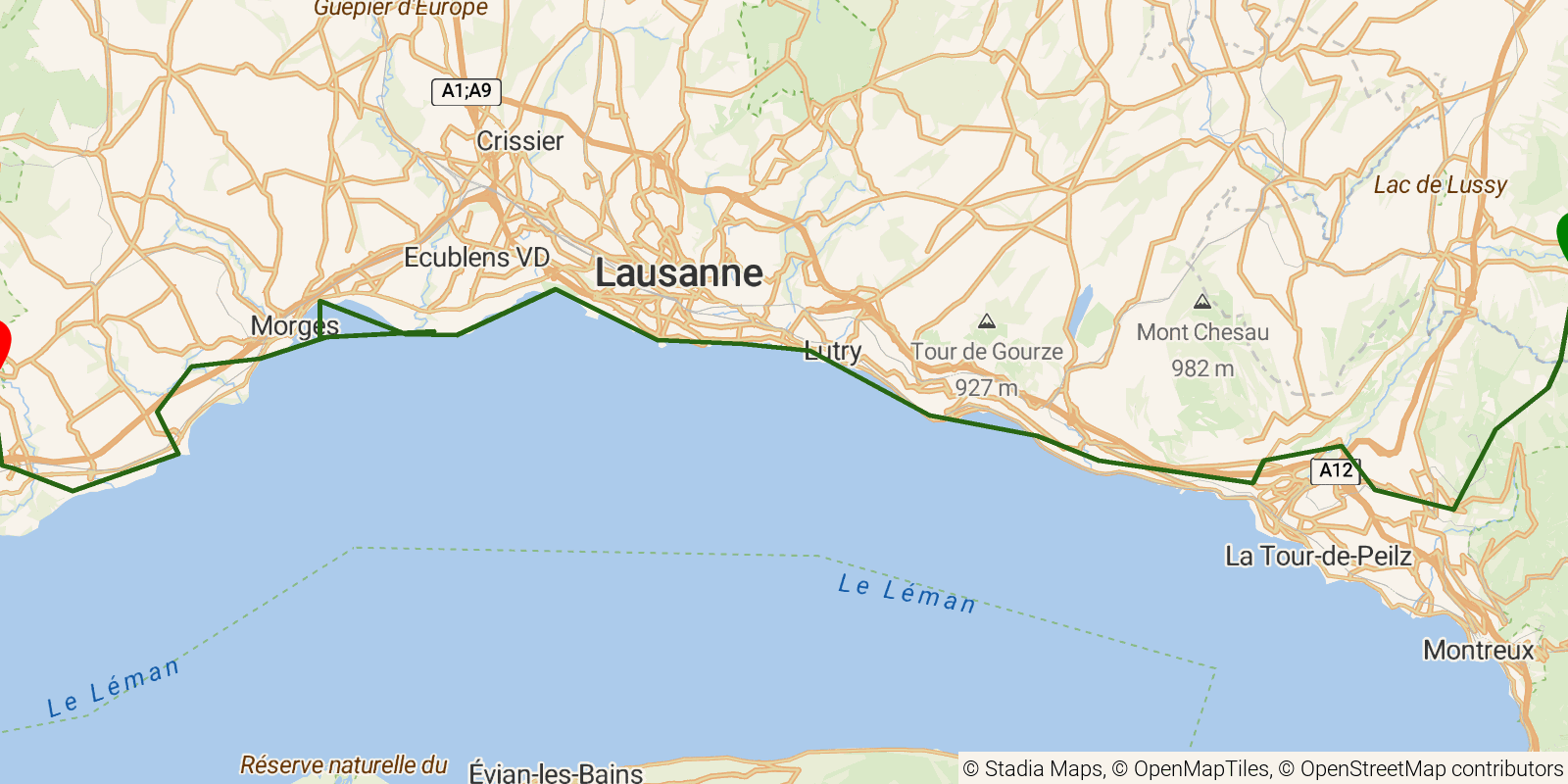 Route map of the Alpine Panorama Trail — Stages 23–26: Les Paccots to Aubonne on OpenStreetMap terrain