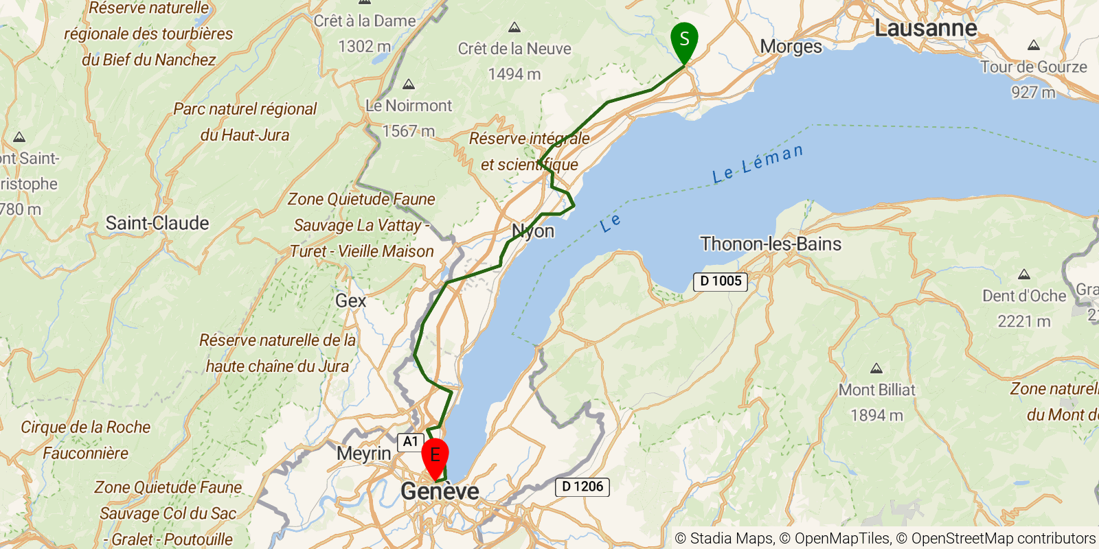Route map of the Alpine Panorama Trail — Stages 27–29: Aubonne to Genève on OpenStreetMap terrain