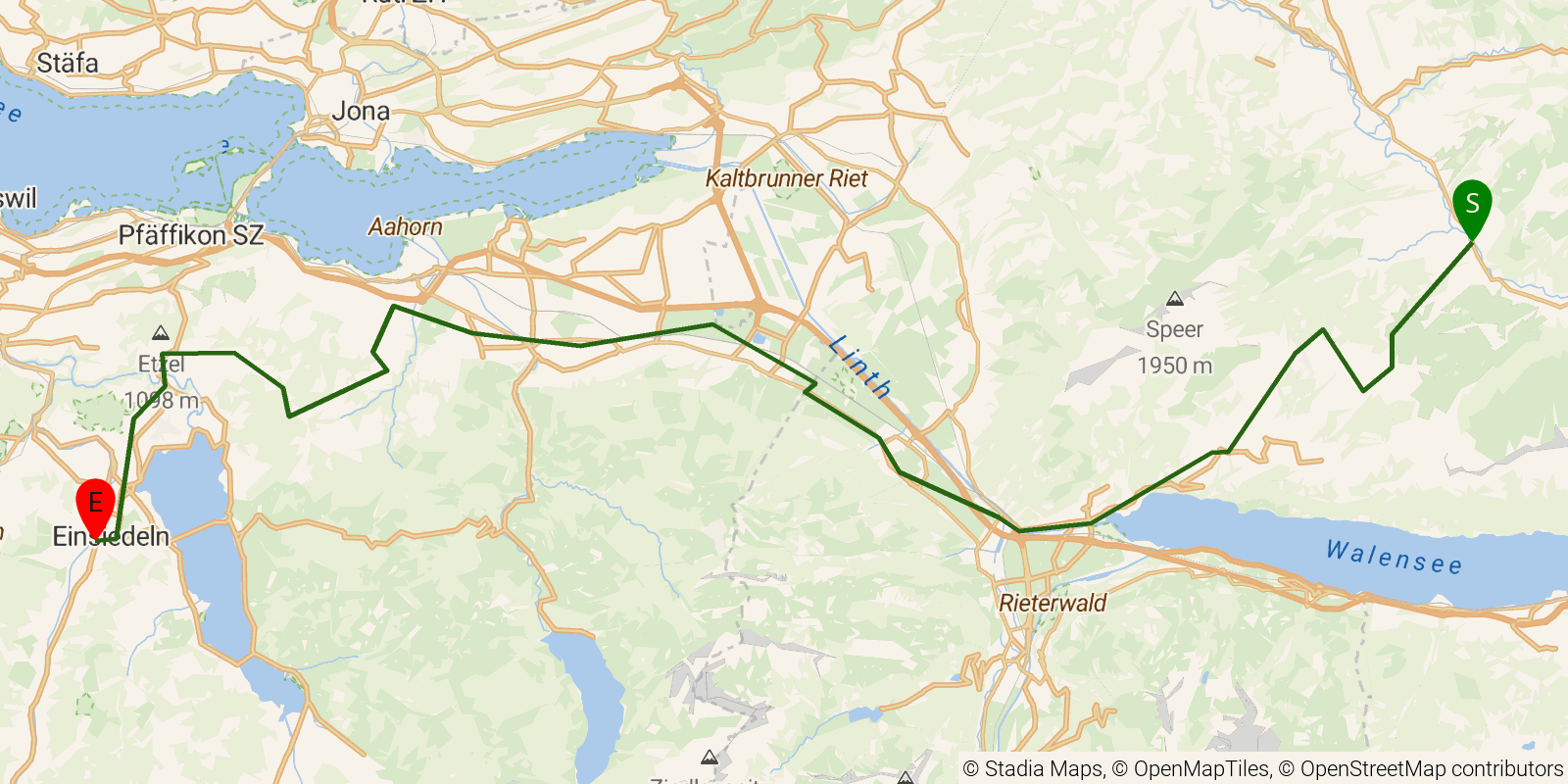 Route map of the Alpine Panorama Trail — Stages 5–7: Stein SG to Einsiedeln on OpenStreetMap terrain