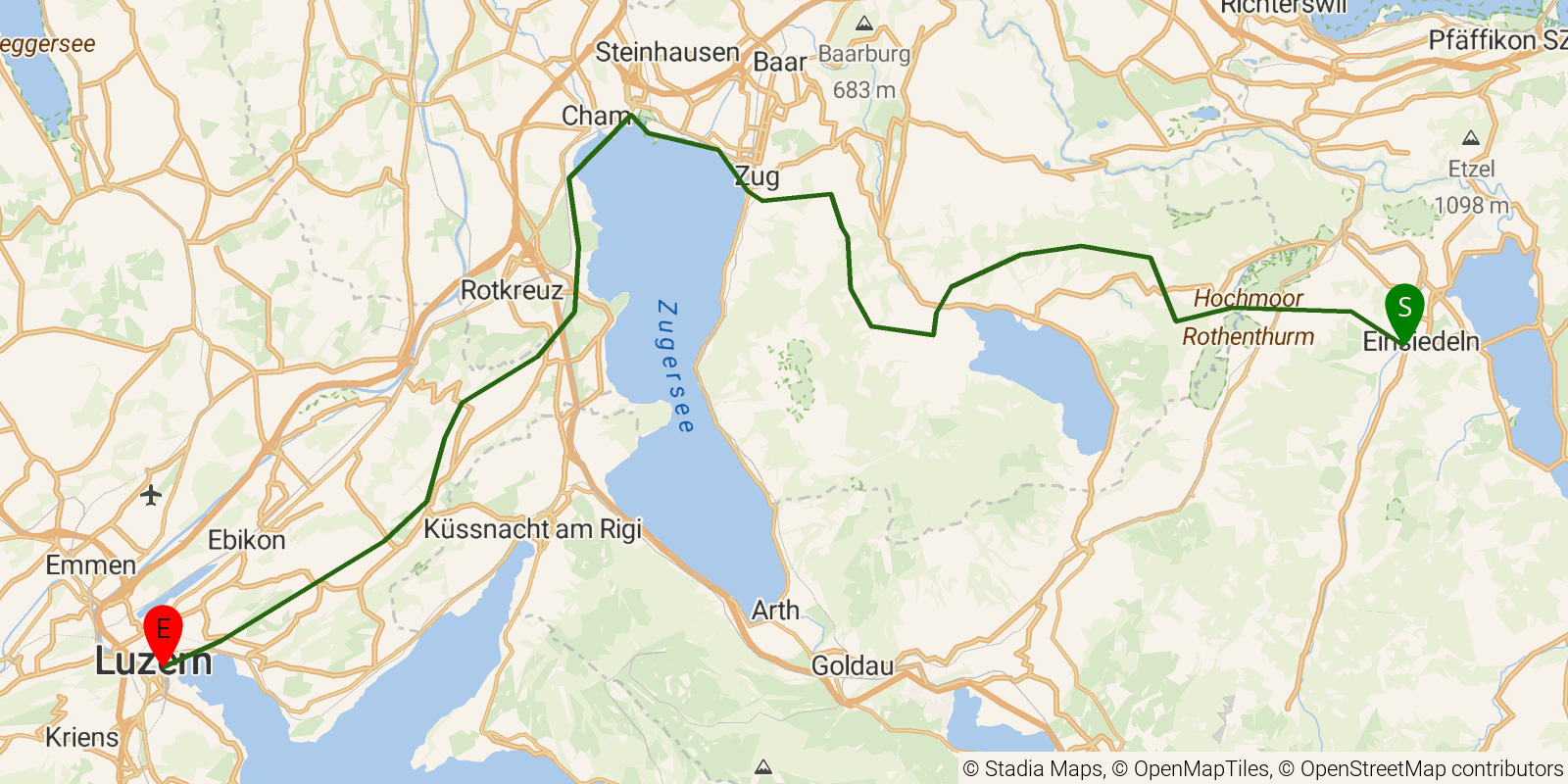 Route map of the Alpine Panorama Trail — Stages 8–10: Einsiedeln to Luzern on OpenStreetMap terrain