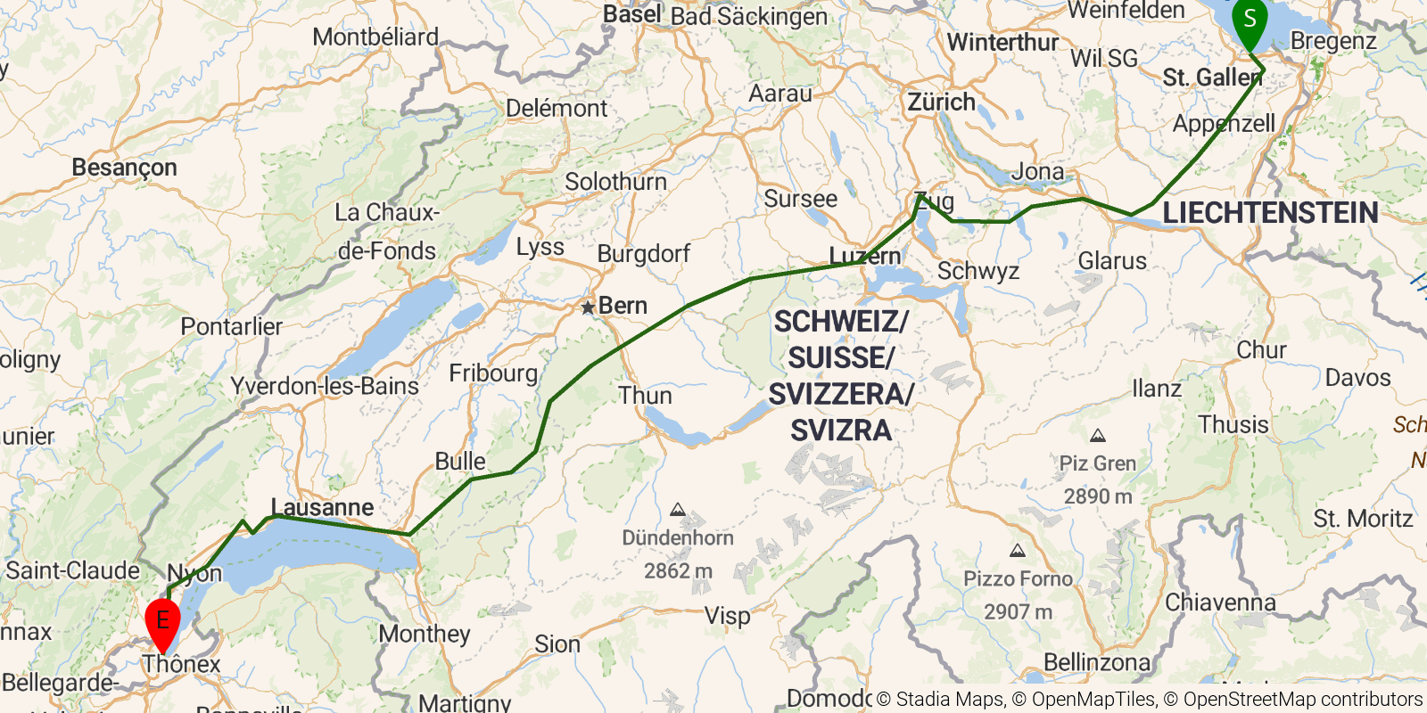 Route map of the Alpine Panorama Trail on OpenStreetMap terrain