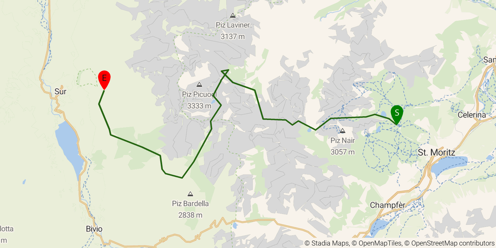 Route map of the Alpine Passes Trail (Graubünden) — Stages 1–2: Corviglia to Tigias on OpenStreetMap terrain