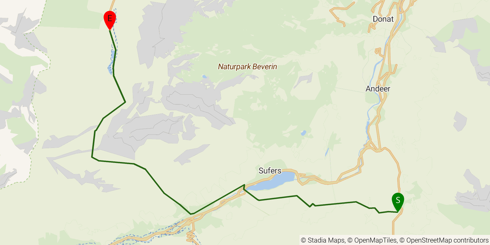 Route map of the Alpine Passes Trail (Graubünden) — Stages 5–6: Ausserferrera to Turra on OpenStreetMap terrain