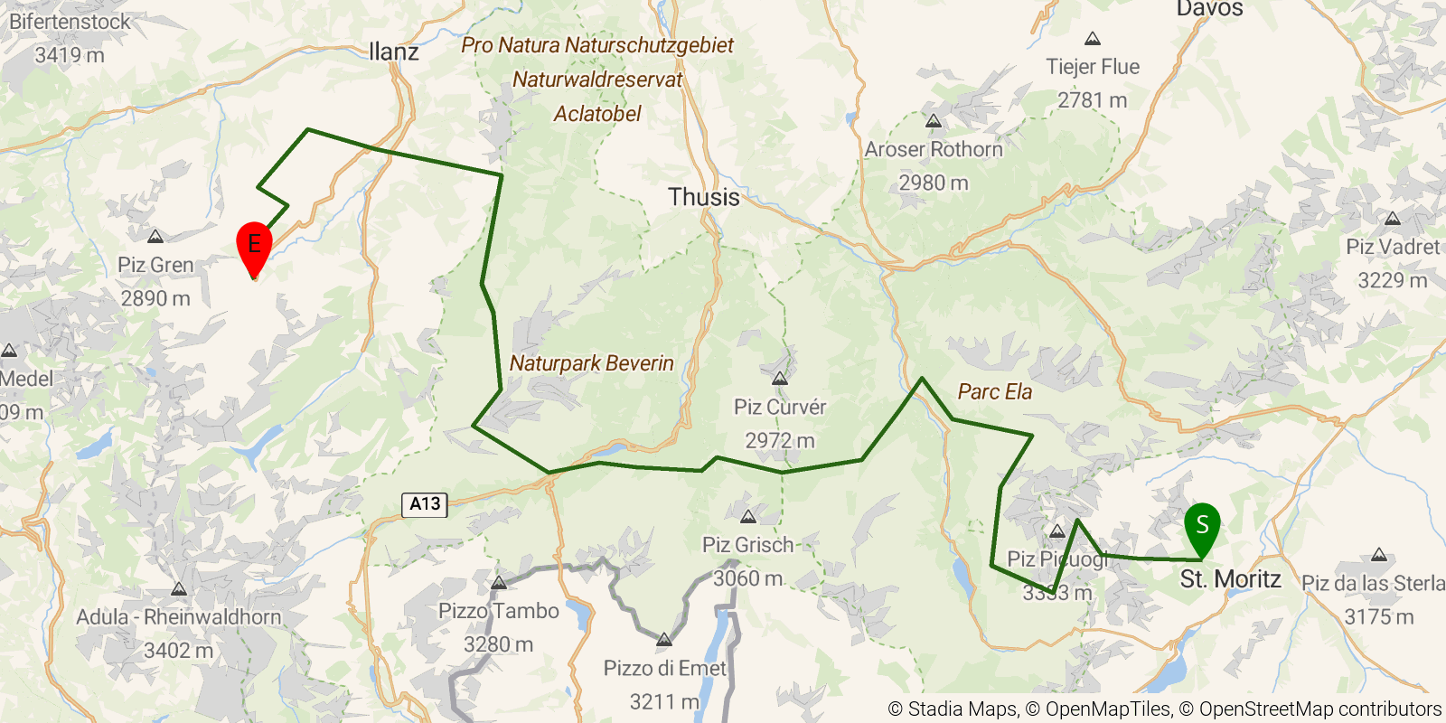 Route map of the Alpine Passes Trail (Graubünden) on OpenStreetMap terrain