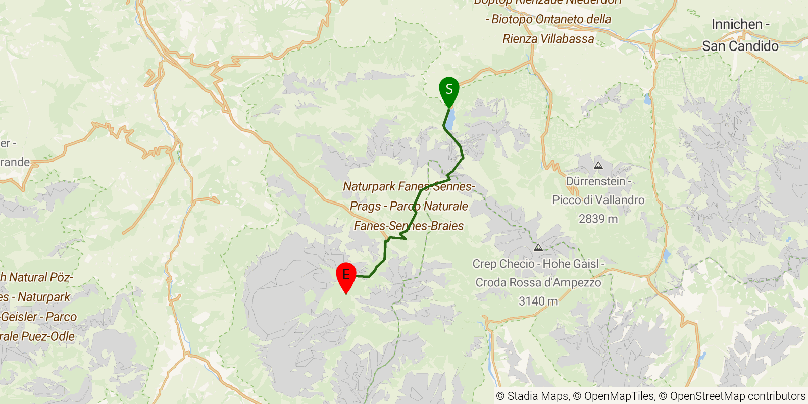 Route map of the Alta Via 1 — Stages 1–2: Lago di Braies to Rifugio Fanes on OpenStreetMap terrain