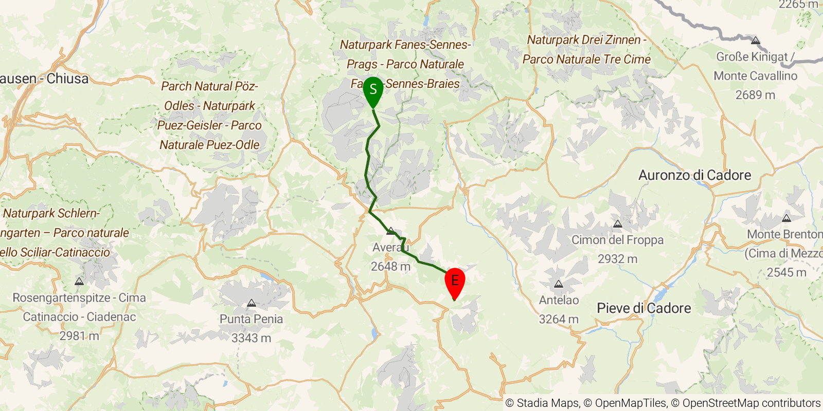 Route map of the Alta Via 1 — Stages 3–5: Rifugio Fanes to Rifugio Città di Fiume on OpenStreetMap terrain