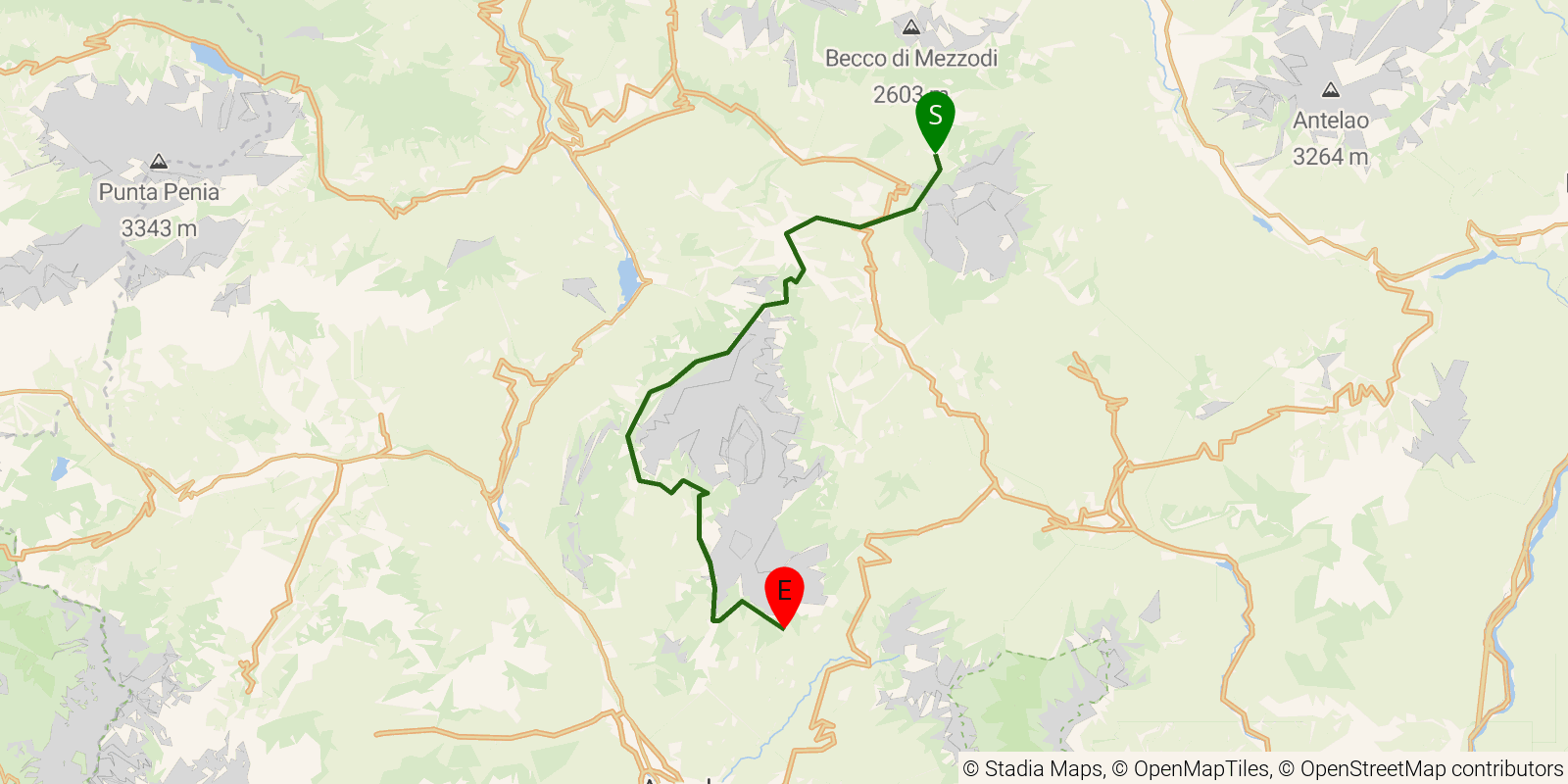 Route map of the Alta Via 1 — Stages 6–8: Rifugio Città di Fiume to Rifugio Carestiato on OpenStreetMap terrain