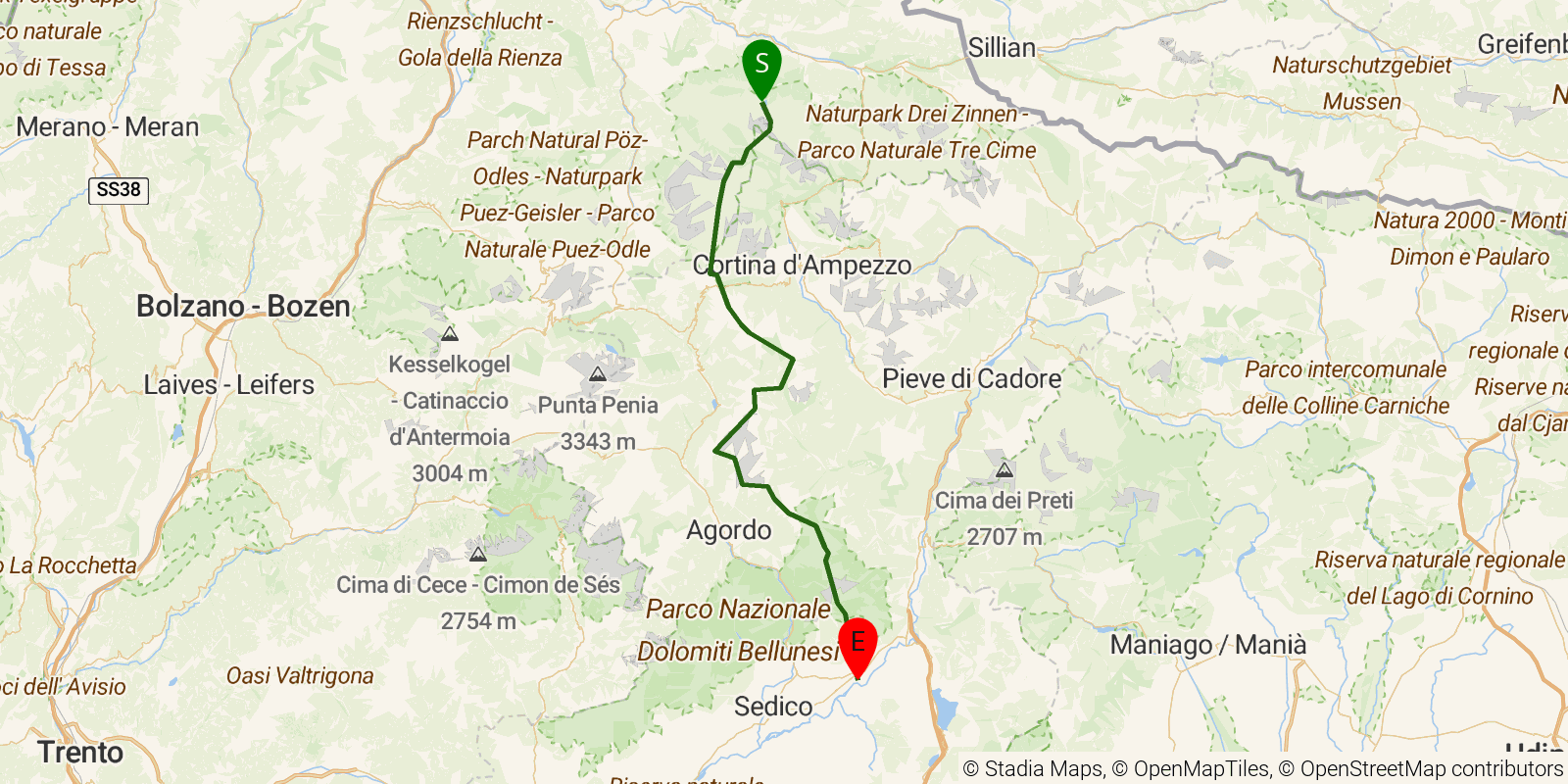 Route map of the Alta Via 1 (Dolomites) on OpenStreetMap terrain