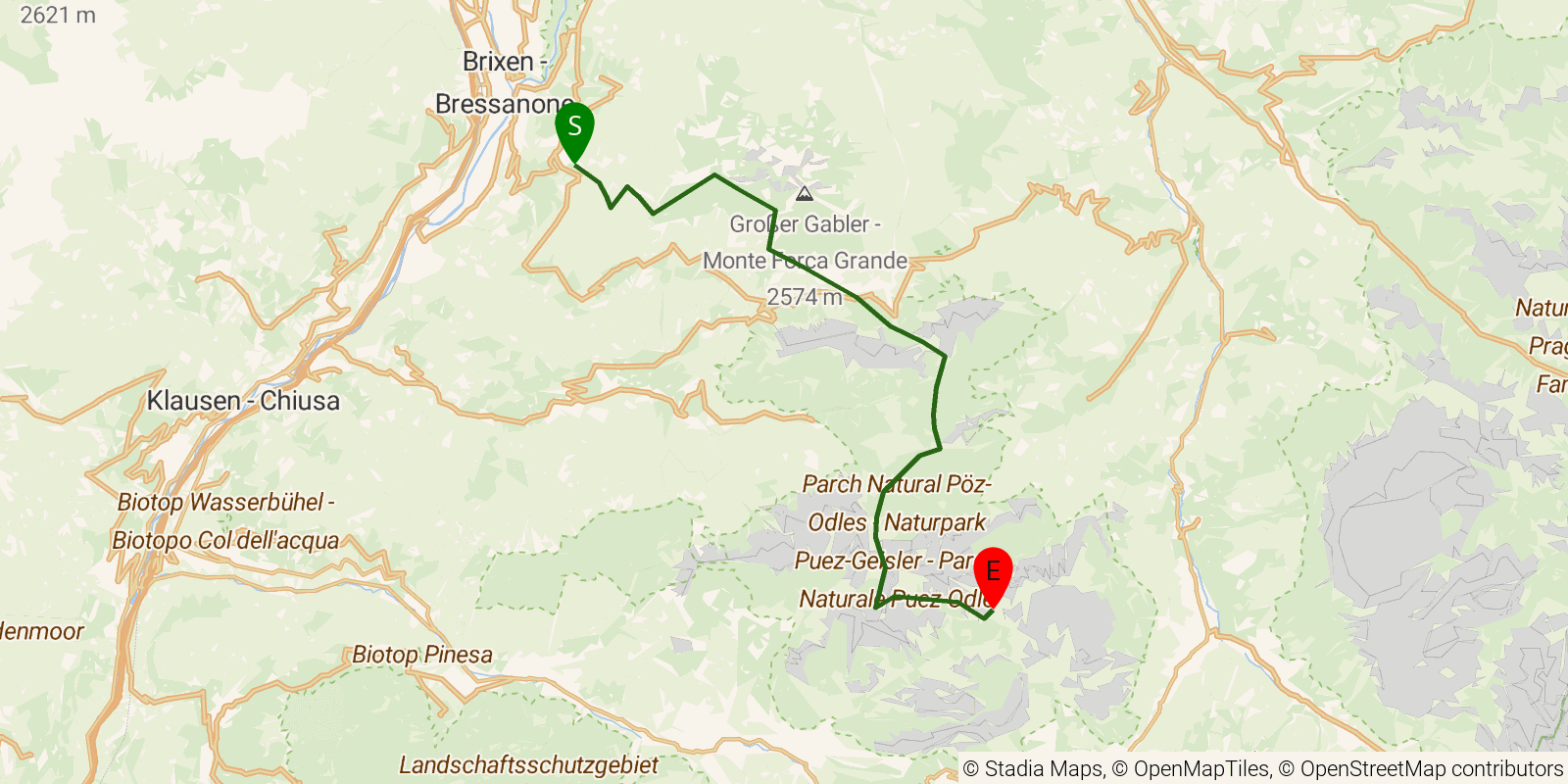 Route map of the Alta Via 2 — Stages 1–3: Bressanone to Rifugio Puez on OpenStreetMap terrain
