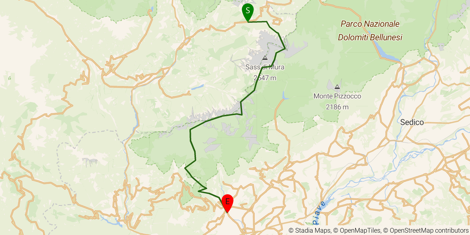 Route map of the Alta Via 2 — Stages 11–13: Passo Cereda to Feltre on OpenStreetMap terrain