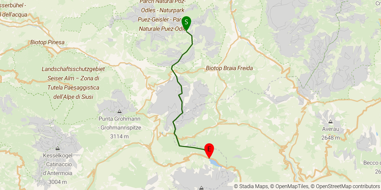 Route map of the Alta Via 2 — Stages 4–5: Rifugio Puez to Rifugio Castiglioni Marmolada on OpenStreetMap terrain