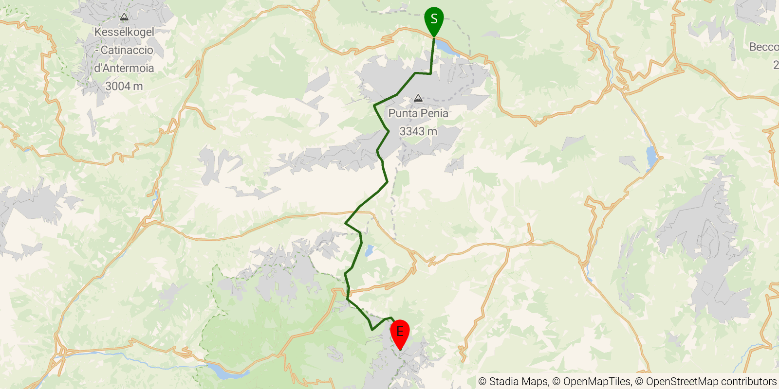 Route map of the Alta Via 2 — Stages 6–7: Rifugio Castiglioni Marmolada to Rifugio Mulaz on OpenStreetMap terrain