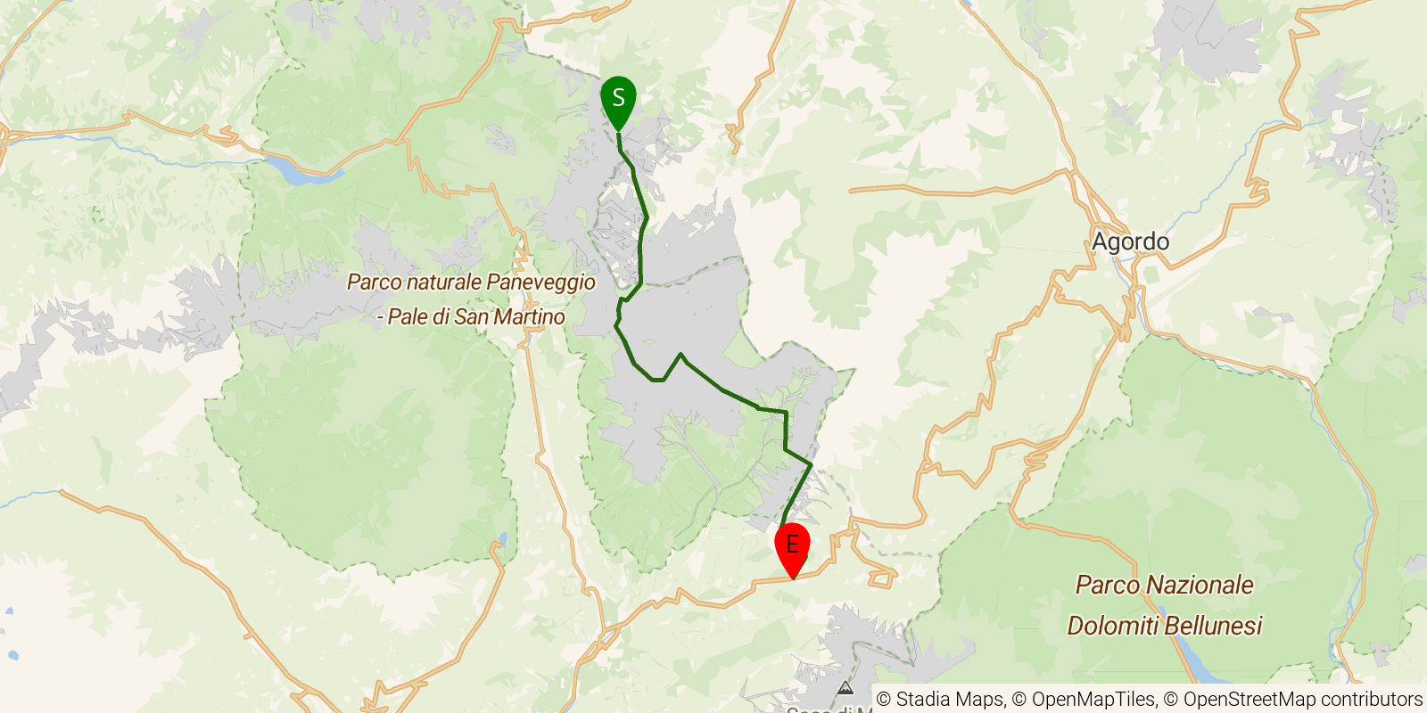 Route map of the Alta Via 2 — Stages 8–10: Rifugio Mulaz to Passo Cereda on OpenStreetMap terrain