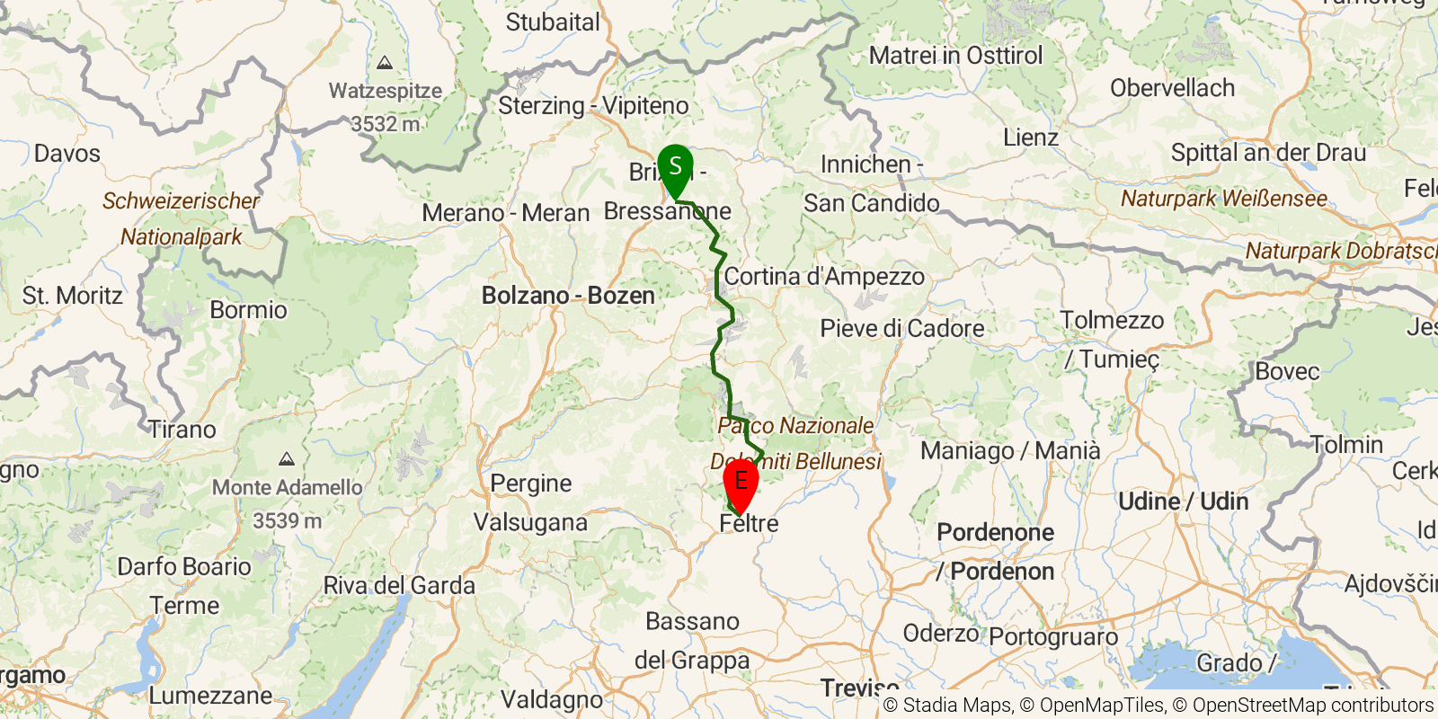 Route map of the Alta Via 2 (Dolomites) on OpenStreetMap terrain