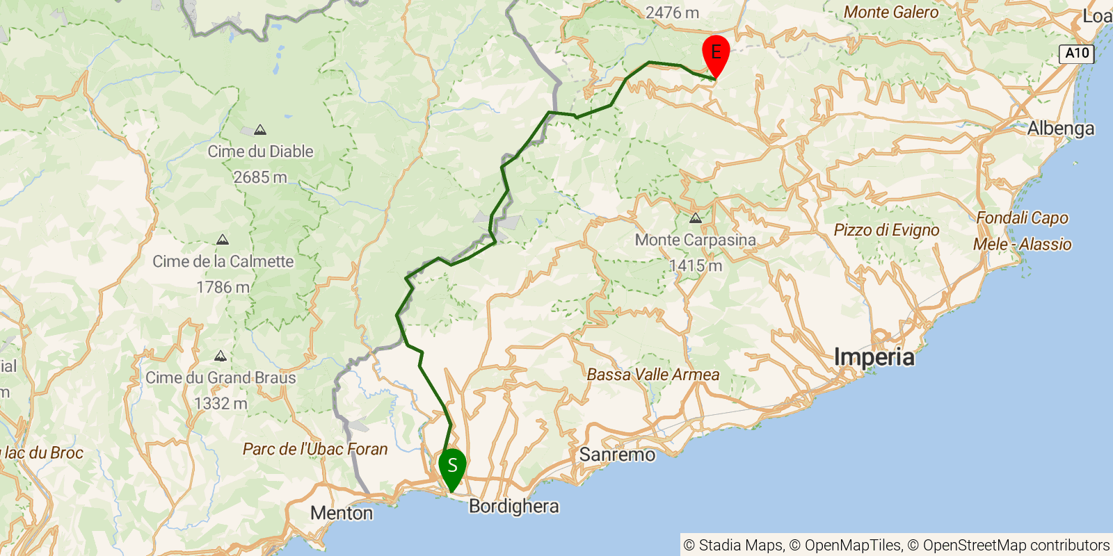 Route map of the Alta Via dei Monti Liguri — Western High Route (Ventimiglia to Colle di Nava) on OpenStreetMap terrain