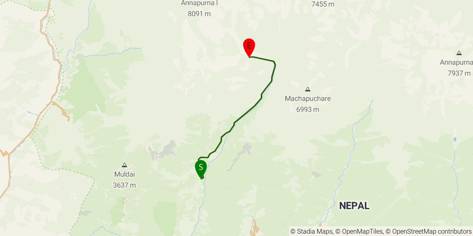 Route map of the Annapurna Base Camp Trek on OpenStreetMap terrain