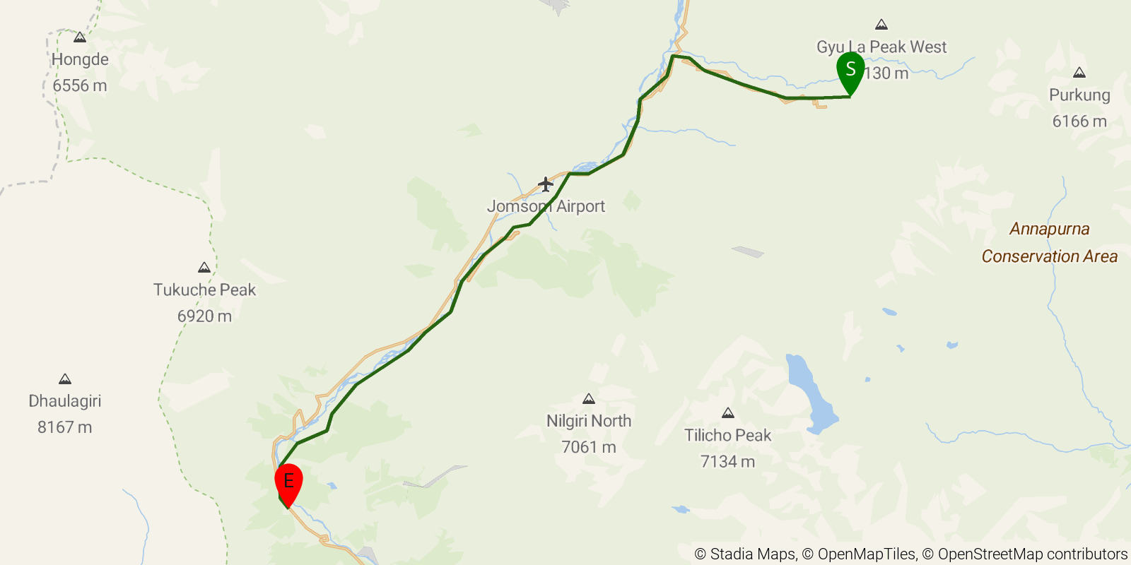 Route map of the Annapurna Circuit — Stages 11–13: Muktinath to Kalapani on OpenStreetMap terrain