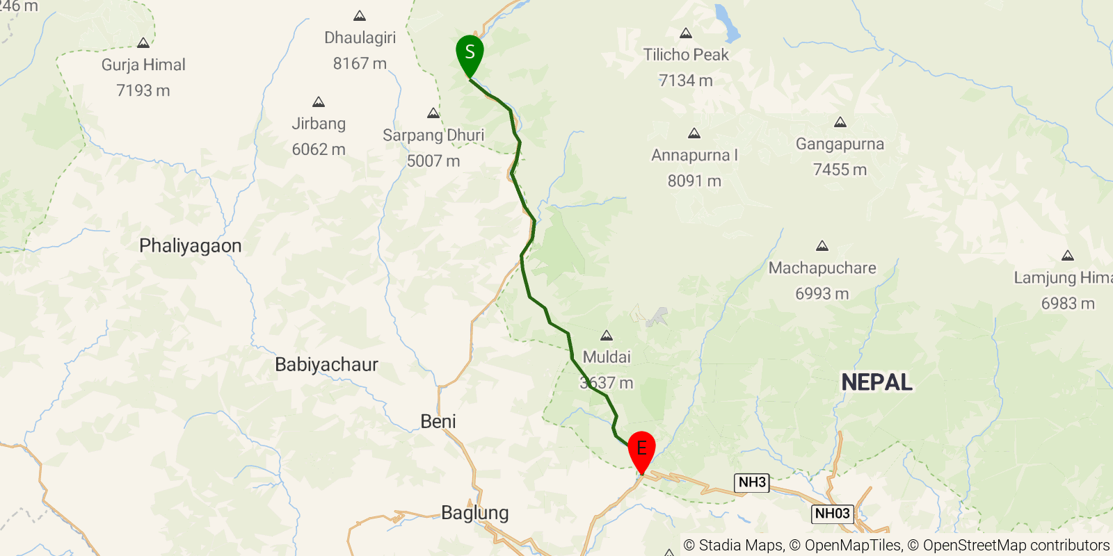 Route map of the Annapurna Circuit — Stages 14–16: Kalapani to Nayapul on OpenStreetMap terrain