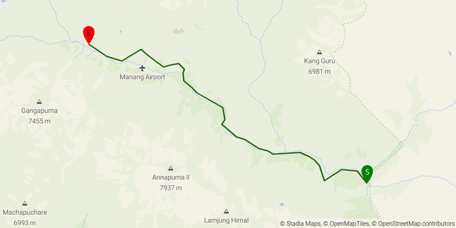 Route map of the Annapurna Circuit — Stages 4–6: Dharapani to Manang on OpenStreetMap terrain