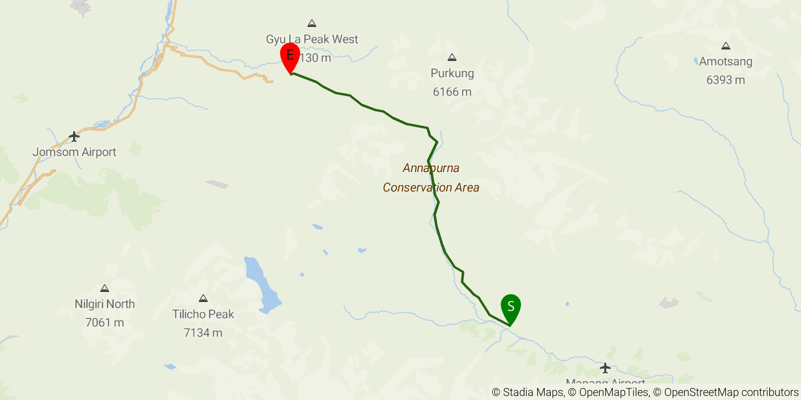 Route map of the Annapurna Circuit — Stages 7–10: Manang to Muktinath on OpenStreetMap terrain
