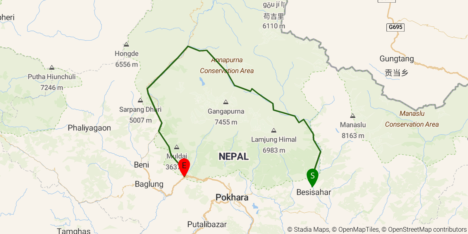 Route map of the Annapurna Circuit on OpenStreetMap terrain