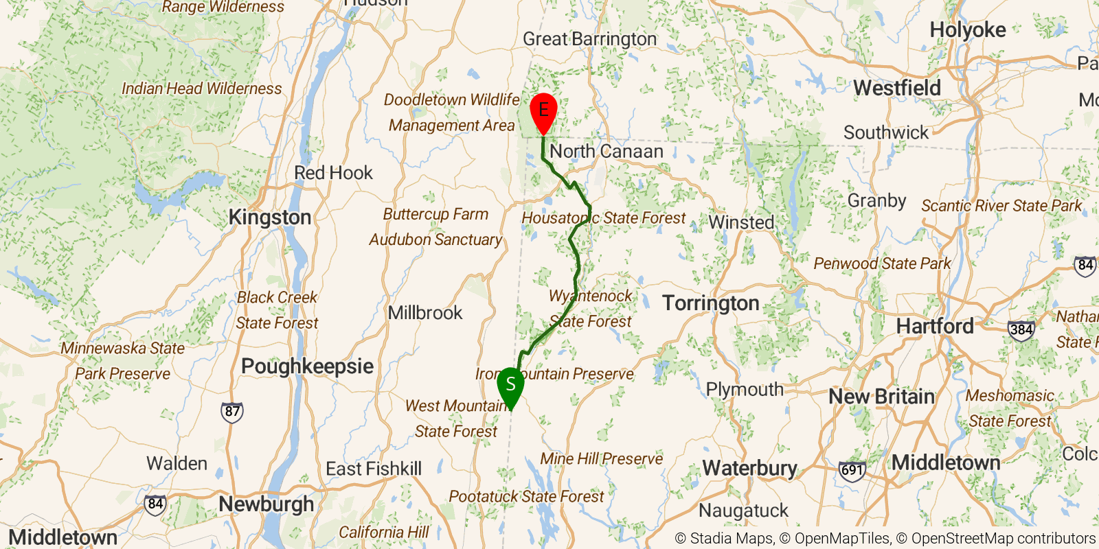 Route map of the Appalachian Trail — Connecticut section on OpenStreetMap terrain