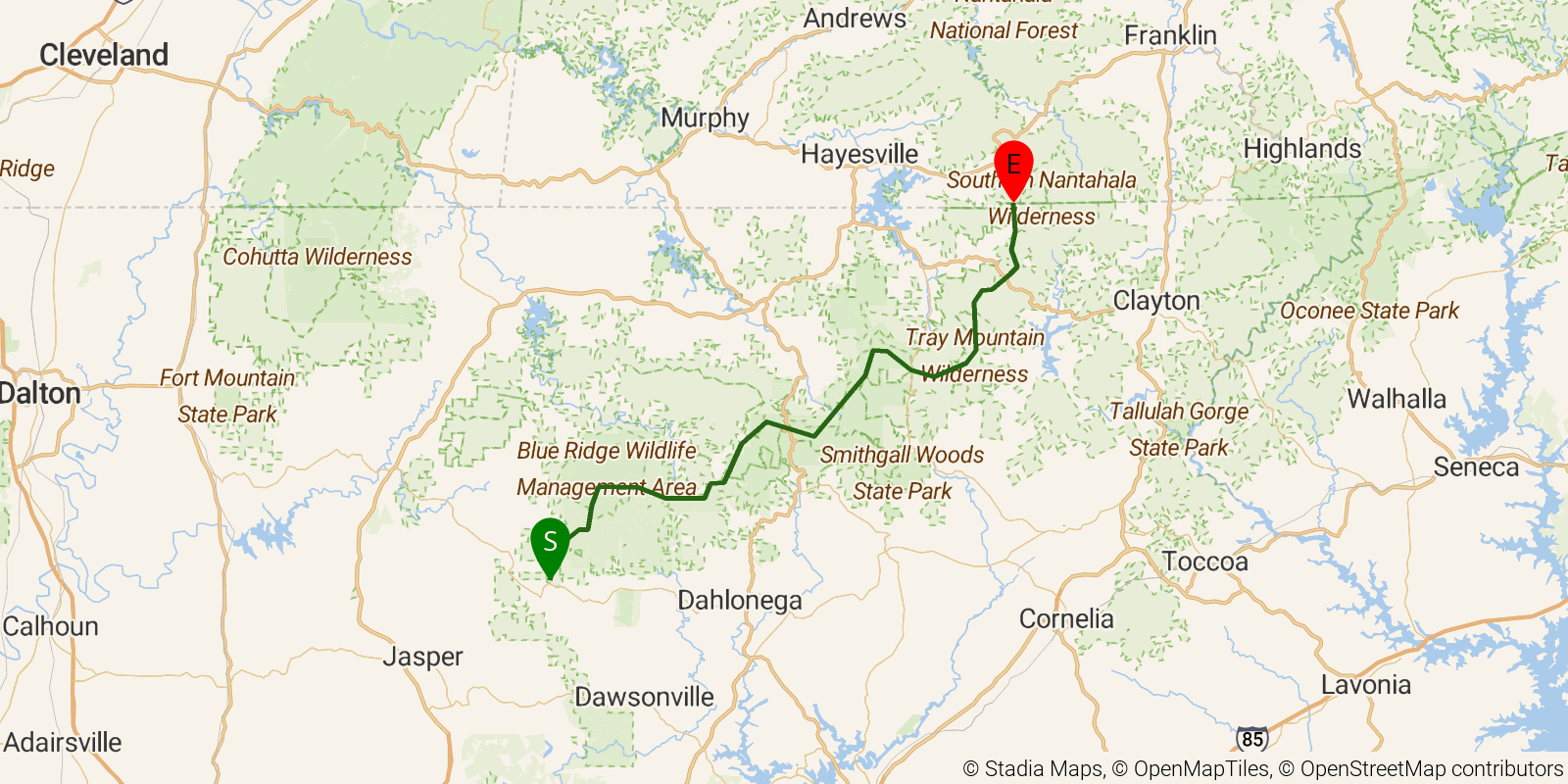 Route map of the Appalachian Trail - Georgia Section on OpenStreetMap terrain