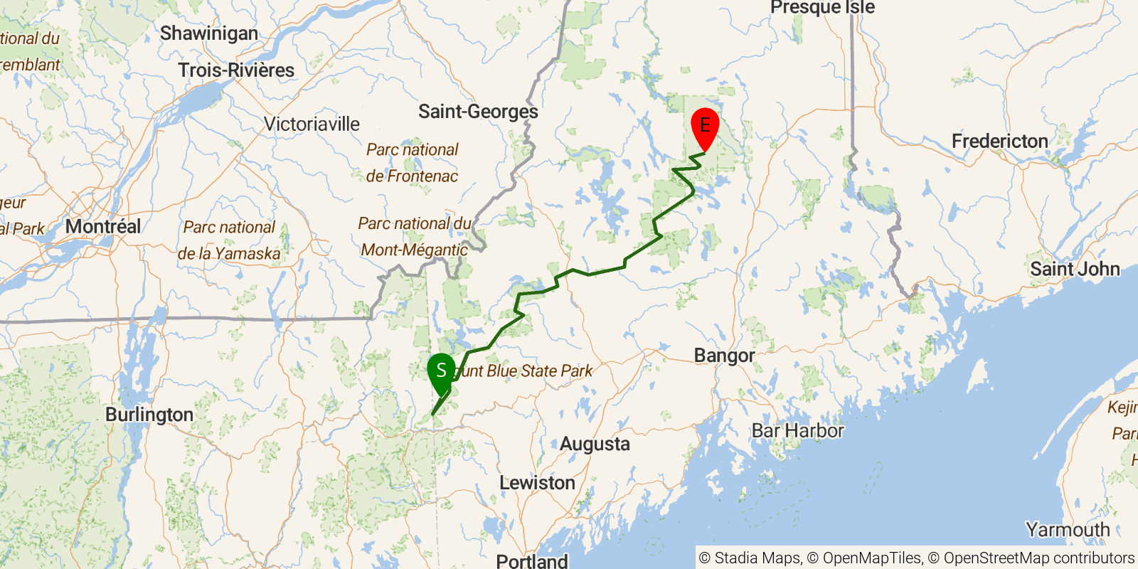 Route map of the Appalachian Trail — Maine section on OpenStreetMap terrain