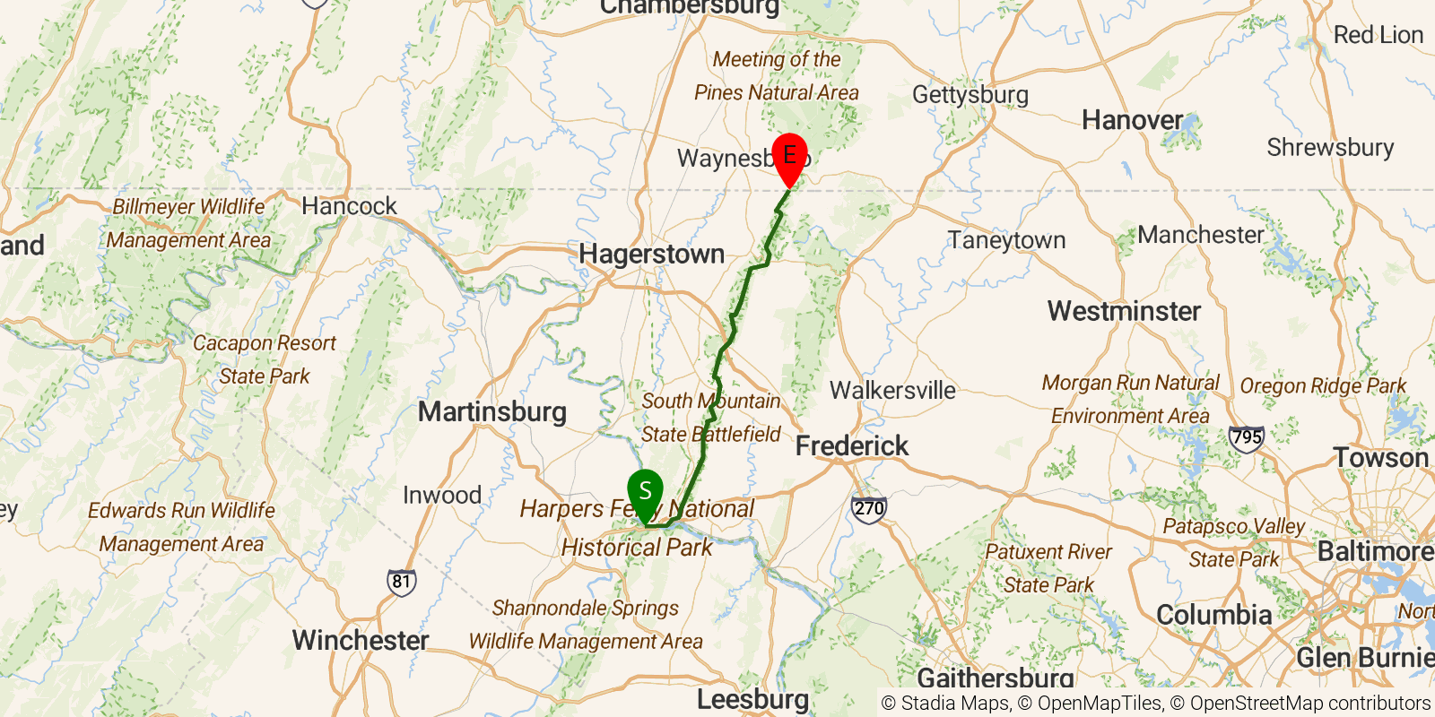 Route map of the Appalachian Trail — Maryland section on OpenStreetMap terrain